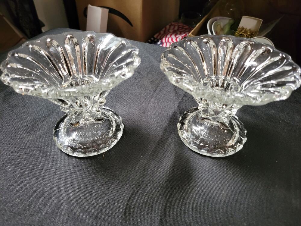 Vintage German Clear Glass Candle Holder Votive Pedestal Taper Set Of 2